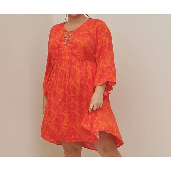 torrid Dresses & Skirts - Torrid Orange Floral Challis Flared Sleeve Dress With Pockets Size Large 12